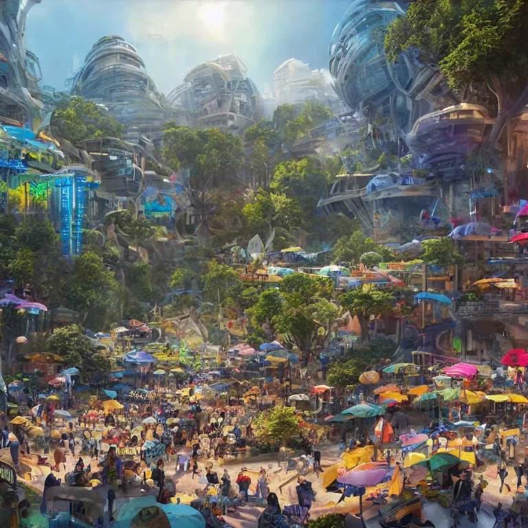 Image similar to environment concept art location of a giant outdoor amphitheater in a sci-fi eco-city, skybridges, turrets, crowded, hundreds of pedestrians, sunbeams, bold bright colors, unreal engine, detailed, octane render, 4k, photorealistic, cinematic lighting