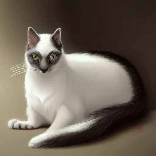 Image similar to a big bored dark gray cat with white belly, white paws and white face markings with long fur and fluffy tail sitting, intricate, elegant, highly detailed, digital painting, artstation, concept art, matte, sharp focus, illustration, art by Artgerm and Greg Rutkowski and Alphonse Mucha