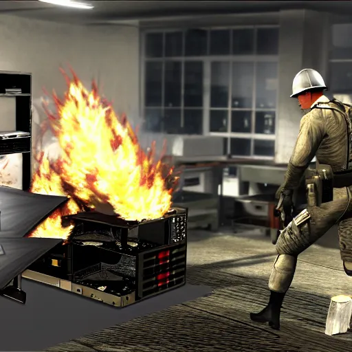 Image similar to drebin mgs4 trying to build a desktop computer on fire, game
