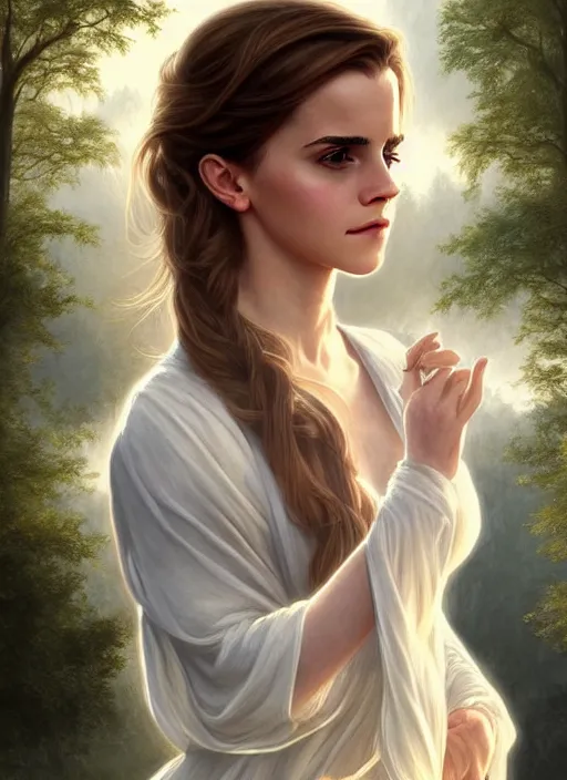 Prompt: emma watson as magic healer celestial, long hair, white and gold cloth, lake in the forest, D&D, shiny background, intricate, elegant, highly detailed, digital painting, artstation, concept art, smooth, sharp focus, illustration, artgerm, bouguereau