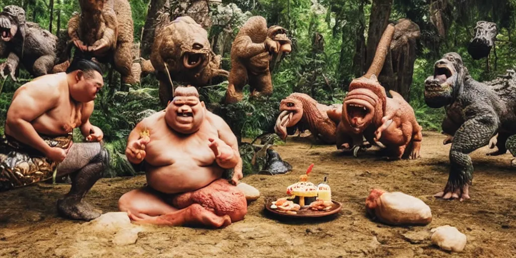 Prompt: photo, neanderthal people, sumo japanese, eating inside mcdonalds, surrounded by dinosaurs!, gigantic forest trees, sitting on rocks, bright moon, birthday cake on the ground, front view