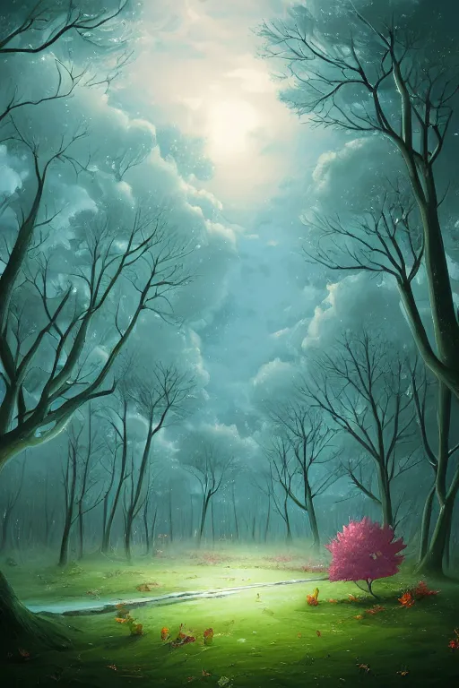 Prompt: A beautiful ultra detailed matte painting Moonlight woods near the water puffy clouds, by Cyril Rolando, David Wiesner, Karol Bak , featured on artstation