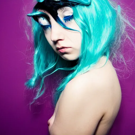 Image similar to portrait of young girl half dragon half human, dragon girl, dragon skin, dragon eyes, dragon crown, blue hair, long hair, By David Lynch