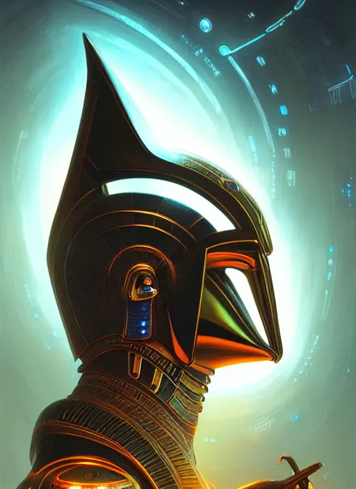 Image similar to portrait of egyptian god Horus, sci-fi armour, tech wear, glowing lights!! sci-fi, intricate, elegant, highly detailed, digital painting, artstation, concept art, smooth, sharp focus, illustration, art by artgerm and greg rutkowski and alphonse mucha