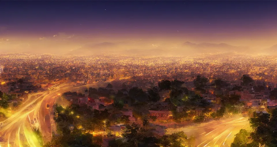 Prompt: City of Armenia Quindio at night, landscape, Artwork by Makoto Shinkai, official media, 8k, wallpaper, high definition, wallpaper, hd, digital artwork