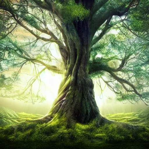 Prompt: spectacular, fabulous tree standing in a thickly vegetated, sombre forest in a fantasy world, dreamlike light incidence, sunraise, ultrarealistic, eerie, onimous