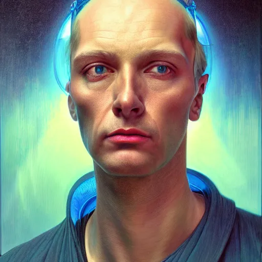 Image similar to realistic extremely detailed portrait painting of an average man , retro futuristic , by beeple,Jean Delville, Amano, Yves Tanguy, Alphonse Mucha, Ernst Haeckel, Edward Robert Hughes, Roger Dean, rich moody colours, blue eyes,octane render