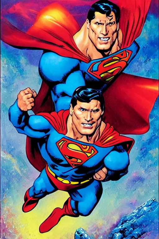 Prompt: Dwayne Johnson as Superman by Paul Lehr and Arthur Adams