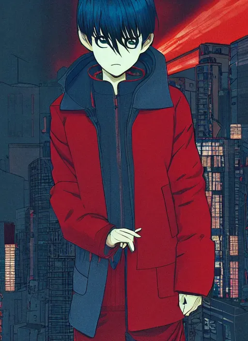 Image similar to manga cover, asian boy with middle parted black hair, red turtleneck under blue parka, intricate cyberpunk city, emotional lighting, character illustration by tatsuki fujimoto