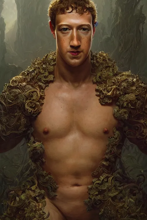 Image similar to portrait of mark zuckerberg as a hulking herculean demon, forest, godlike, full body, fantasy, intricate, elegant, highly detailed, digital painting, artstation, concept art, sharp focus, illustration, art by artgerm and greg rutkowski and alphonse mucha