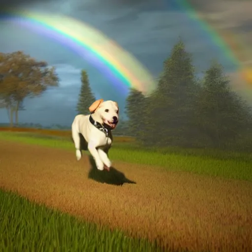 Prompt: a singular beautiful dog running happily towards its owner, ethereal heavenly rainbow bridge in the background behind the dog, tall golden heavenly gates, amazing, stunning artwork, featured on artstation, cgosciety, behance