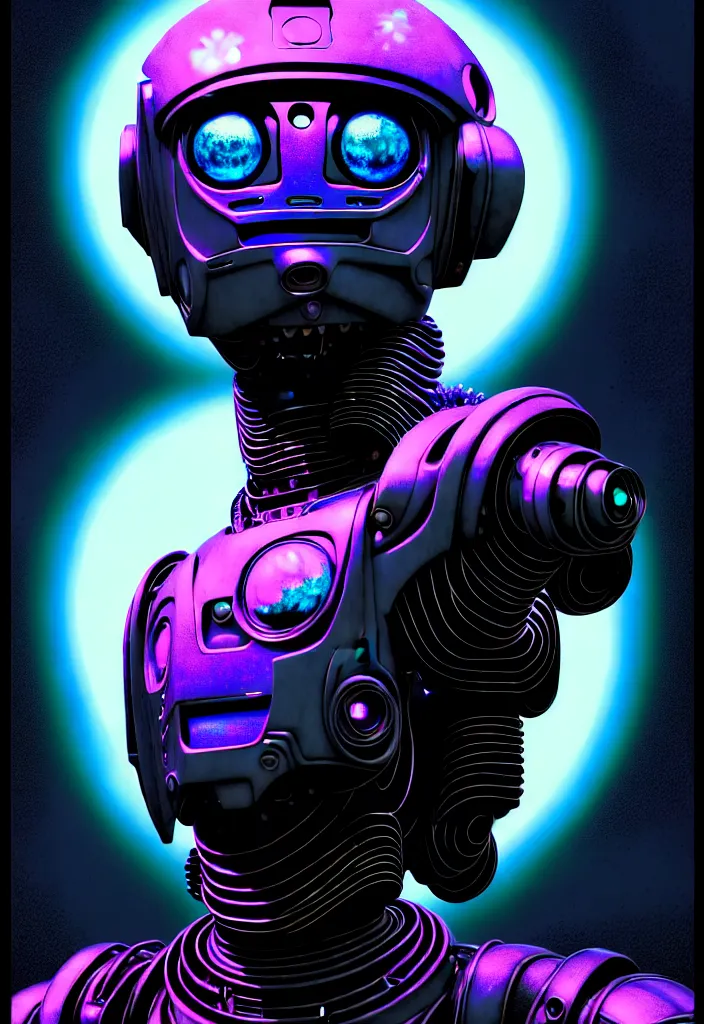 Prompt: cinematic bust of one psychedelic robot, desaturated!, exotic alien features, solarpunk background, tim hildebrandt, wayne barlowe, bruce pennington, donato giancola, larry elmore, masterpiece, trending on artstation, featured on pixiv, cinematic composition, beautiful lighting, sharp, details, hyper - detailed, hd, hdr, 4 k, 8 k