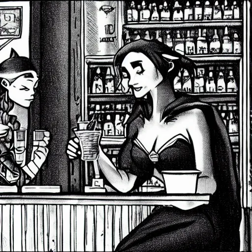 Image similar to A female elf bartender serving a drink to a tired orc office worker.