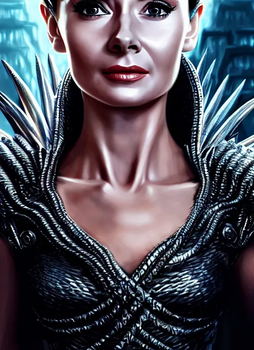 Prompt: photo of audrey hepburn as daenerys targaryen in the style of stefan kostic, realistic, half body shot, sharp focus, 8 k high definition, insanely detailed, intricate, elegant, art by stanley lau and artgerm, cyberpunk city backgeound