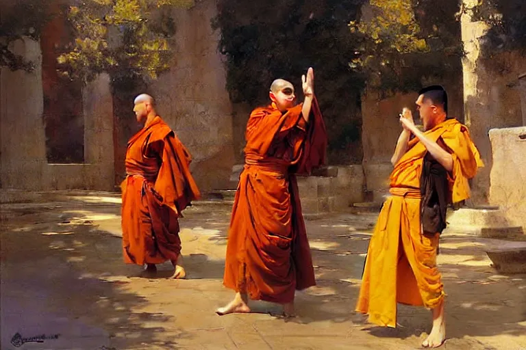 Image similar to monks teaching airbending from the last airbender, painting by gaston bussiere, craig mullins, j. c. leyendecker