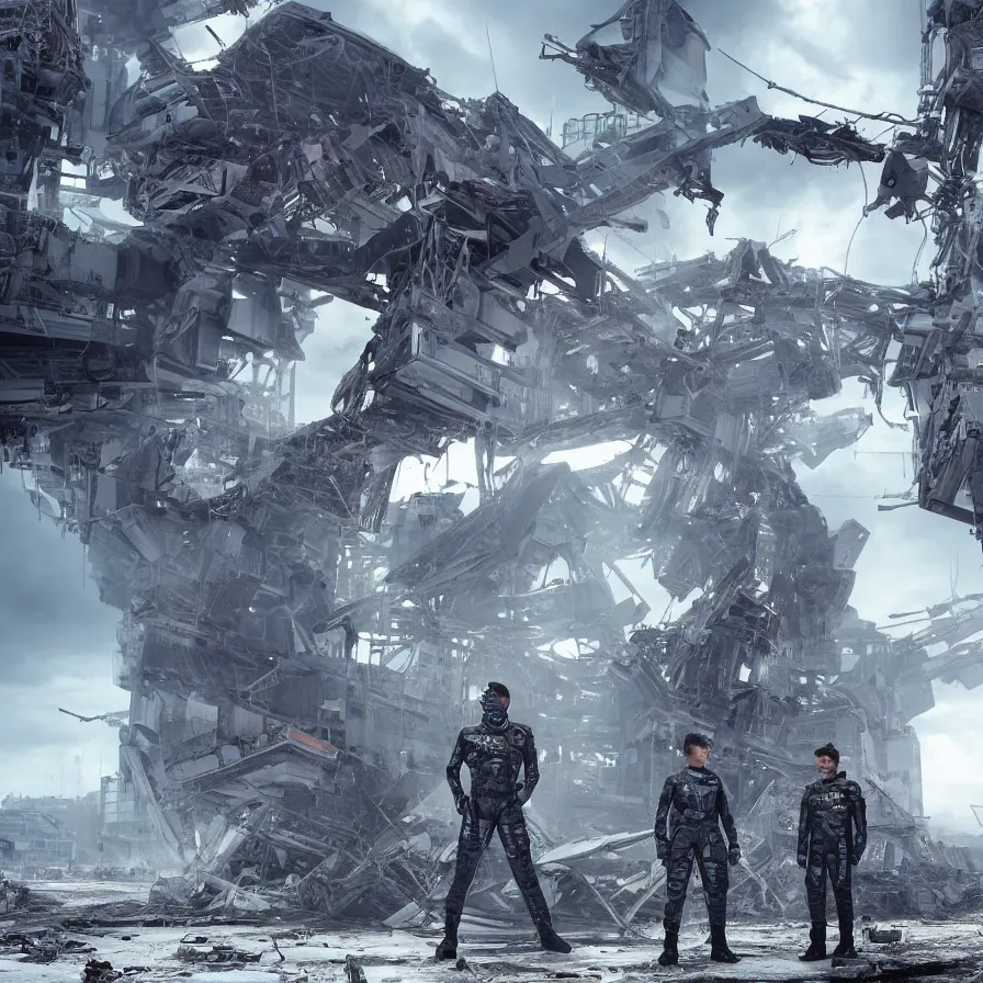 Prompt: 8 k hyperrealistic cinematic shot starset band in epic sci fi uniforms, standing in the streets, examining the wreckage, in an apocalyptic ruined distopian future city in an epic cinematic shot, with red haze, performing a music video, hyper detailed faces, stunning realism, brutalist buildings tower over