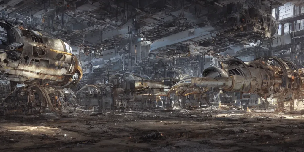 Prompt: 4 k rendered unreal 5 image of a space ship factory with lots of broken and damaged spaceships all coroded and rusted being welded by large industrial robots, sparks and smoke, wet puddles reflecting