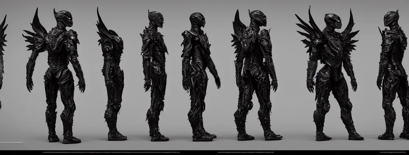 Image similar to winged infernal batwing armor suit humanoid character sheet, elden ring themed dark sf, intricate artwork masterpiece, ominous, dramatic horror cinematic lighting, volumetric 8 k, by josan gonzalez, alexey egorov, kilian eng, trending on cgsociety, octane render, 8 k