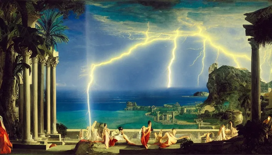 Image similar to Palace of the occult, mediterranean balustrade and columns, refracted sparkles, thunderstorm, greek pool, beach and Tropical vegetation on the background major arcana sky and occult symbols, by paul delaroche, hyperrealistic 4k uhd, award-winning, very detailed paradise