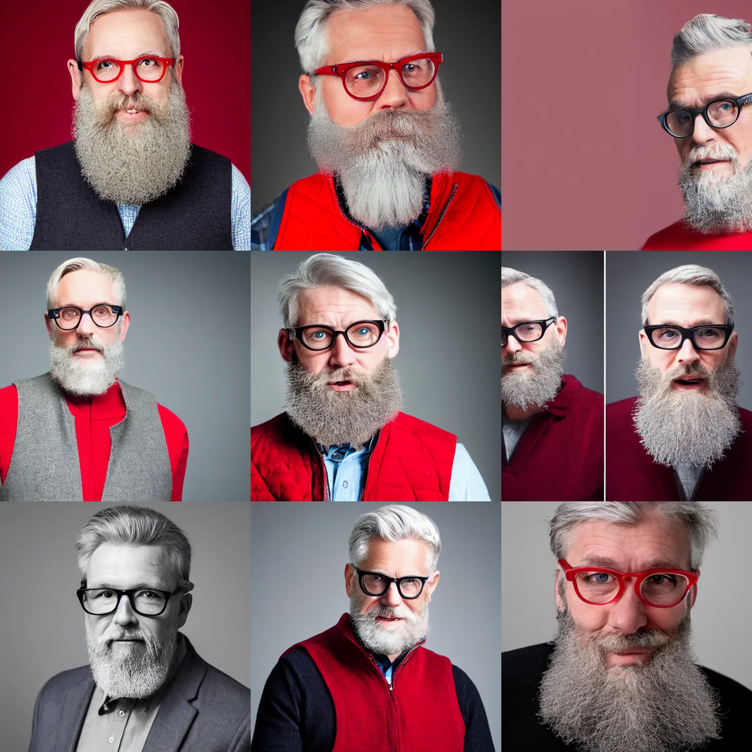 Prompt: photo of a 5 0 - year old white man, silver hair, neat beard, wearing a red gilet, thick - rimmed glasses, red rim, professional corporate portrait, studio lighting, sharp focus