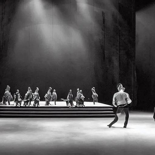 Image similar to an opera scenography with tul gobelins with black and white impressions of falling angels, a checkerboard floor of marble black and white.