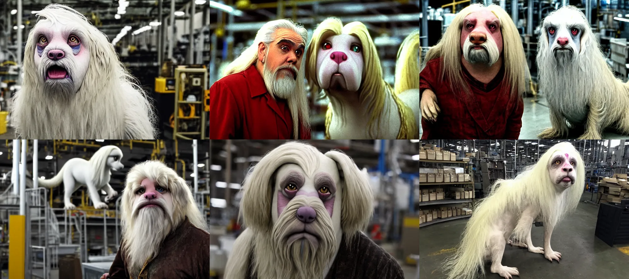 Prompt: falcor from the neverending story, working at a factory in his 5 0 s