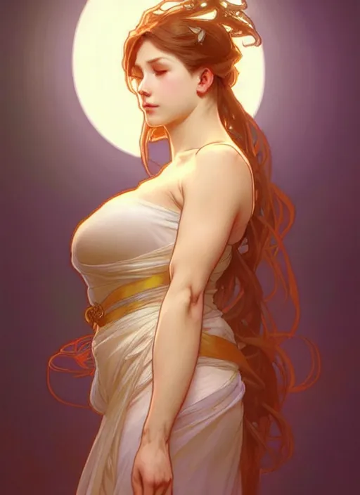 Prompt: digital character concept art by artgerm and greg rutkowski and alphonse mucha. clear portrait of a modern shy wife blessed by god to unstoppably grow more perfect and fertile!! blonde, in clothes! holy full - figured! light effect. hyper detailed, glowing lights!! intricate, elegant, digital painting, artstation, smooth, sharp focus