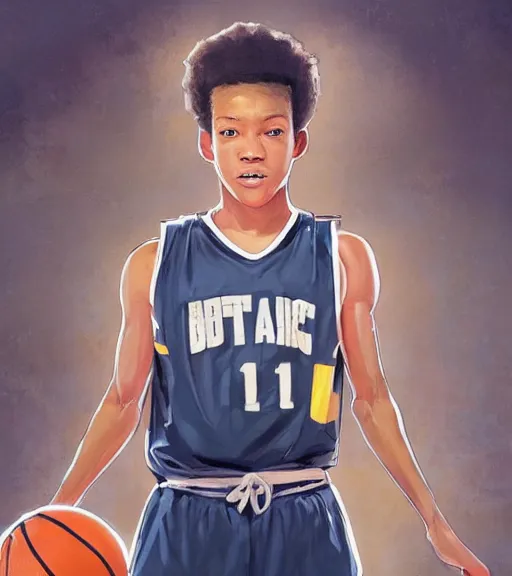 Prompt: portrait of a boy at a basketball court playing basketball wearing a basketball uniform in a basketball court standing near the basketball hoop, poised, intense emotion, detailed facial expression, detailed surroundings, intricate, elegant, highly detailed, centered, digital painting, artstation, concept art, smooth, sharp focus, illustration, by Peter Mohrbacher, WLOP