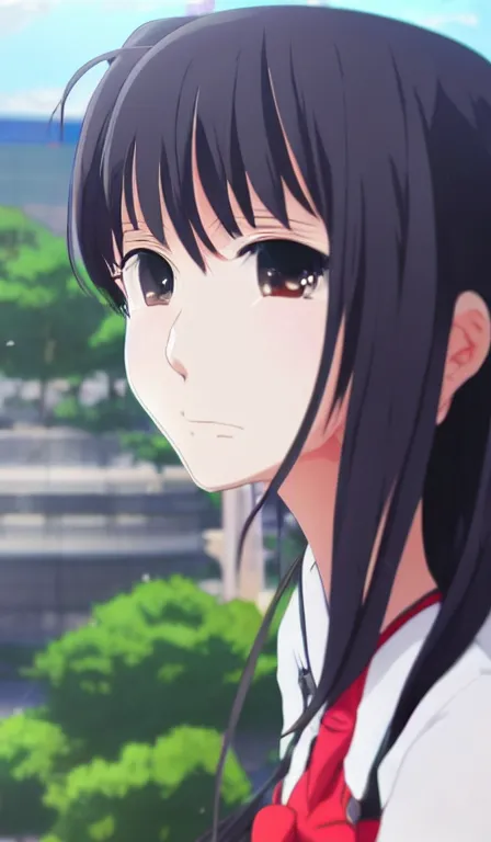 Image similar to anime fine details portrait of a school girl in front of modern tokyo city landscape on the background deep bokeh, close-up view, anime masterpiece by Makoto Shinkai, 8k, sharp high quality anime, artstation