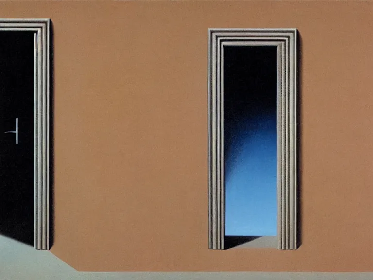 Prompt: an open door to nothingness in brick wall with endless hallway inside, painting by rene magritte, high detail, high resolution