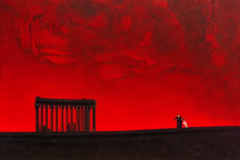 Image similar to only with red, a red great emperor, taormina amphitheatre, crowd with big smile, in the style of beksinski, parts by edward hopper, parts by rodcenko, parts by yue minjun, intricate and epic composition, red by caravaggio, insanely quality, highly detailed, masterpiece, red light, artstation, 4 k