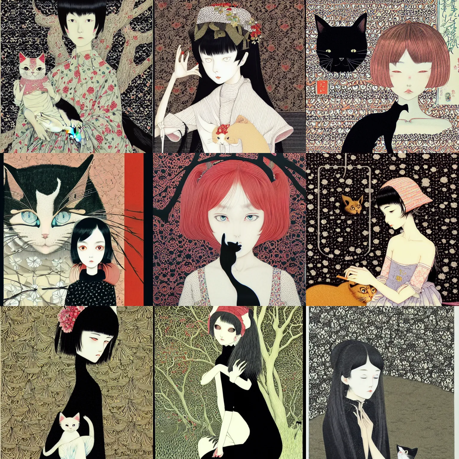 Prompt: woman and cat, intricate details by takato yomamoto, ilya kuvshinov