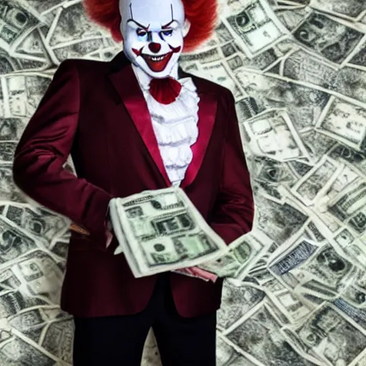 Prompt: Pennywise the clown wearing a suit and holding a stash of banknotes in his hands, full body shot