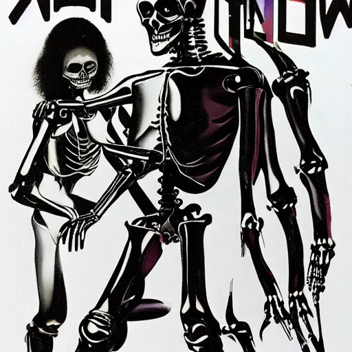 Image similar to 1 9 8 0's heavy metal album art, a shiny reflective detailed chrome android dancing with a skeleton wearing a skintight black latex bodysuit inside an alien nightclub, colorful lighting