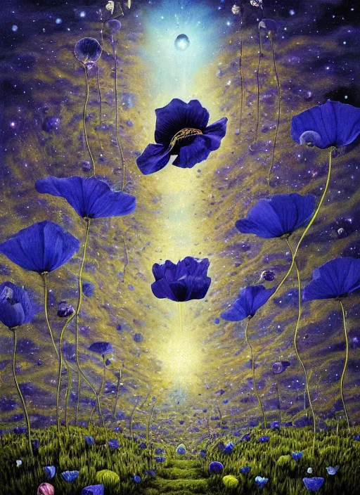 Image similar to detailed, intricate blue black and purple papaverum flower on the field, nebula, galaxy in the sky, winning award masterpiece, fantastically beautiful, illustration, aestheticly inspired, jacek yerka, upscale with anguissola sofonisba work, artstation, 8 k