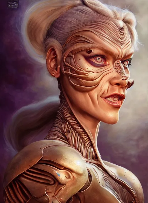 Image similar to portrait of a beautiful female hybrid fremen warrior elsa jean, alien warrior regal, realistic, refined, detailed, digital art, artgerm, michael cheval, esao andrews, biomechanical, walt disney ( 1 9 3 7 ), francois boucher, oil painting, highly detailed, cinematic lighting, unreal engine, 8 k, hd