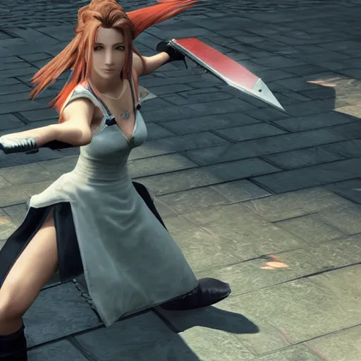 Prompt: final fantasy 7 aerith doing a limit break attack in battle. unreal engine 5 extreme detail render