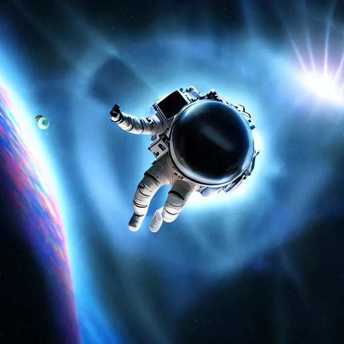 Image similar to pov of astronaut, flying into black hole, concept art, rendering, photorealism, volumetric lighting, movie still