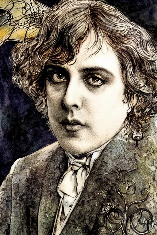 Image similar to oscar wilde realistic portrait closeup surrounded by bat wings, art by luis royo and walter crane and kay nielsen, watercolor illustration,