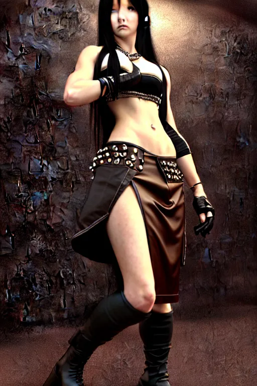 Image similar to Tifa Lockhart rendered in Cinema 4D, elegant intricate ornate futuristic leather skirt and white tank top, dark brown flowing long hair, art by Artgerm and Alphonse Mucha, hyperrealism, full body photogenic shot, digital render, clothing studded with orbs of colorful crystal, 8k resolution, masterpiece work