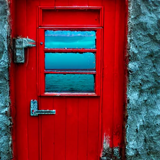 Prompt: a red door at the bottom of the ocean, ominous, deep, ethereal, dark, bubbles, marine life