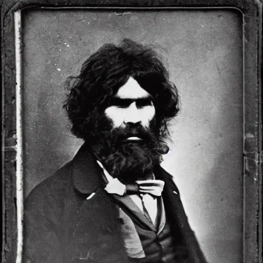 Image similar to Daguerreotype of a caveman at a train station (1867),