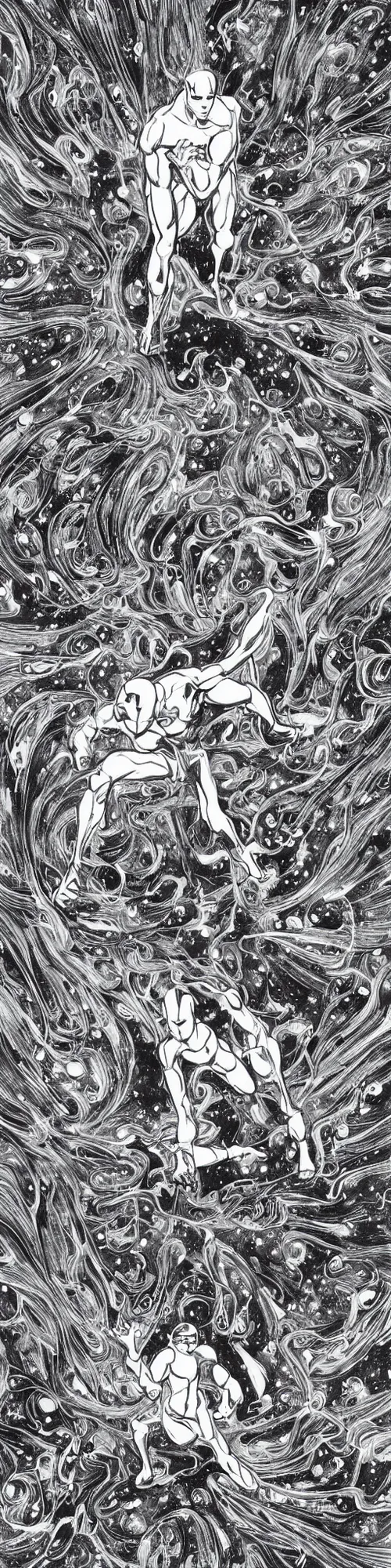 Image similar to silver surfer in space hovering above earth, by james jean, black and white, pencil drawing,