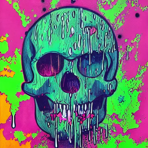 Image similar to drippy, dripping paint, skull, trippy, glitch, miyazaki style, exaggerated accents