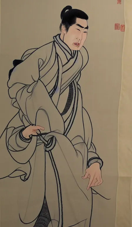 Prompt: gigachad character study, by Shen Quan, hanging scroll, ink and muted colours on silk