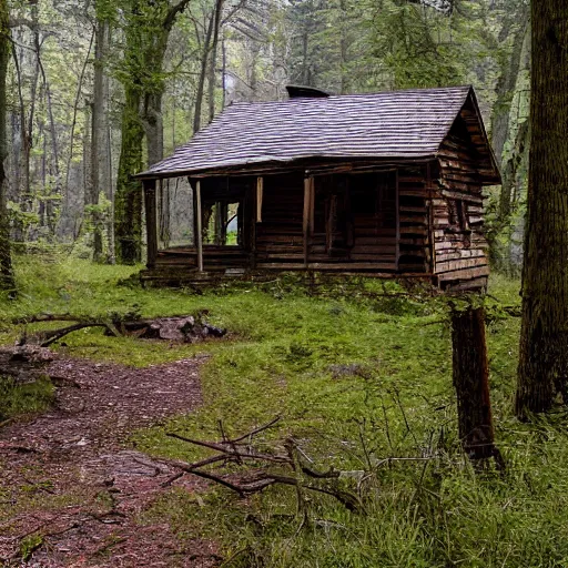 Image similar to delapidated cabin in a forest, near a creek