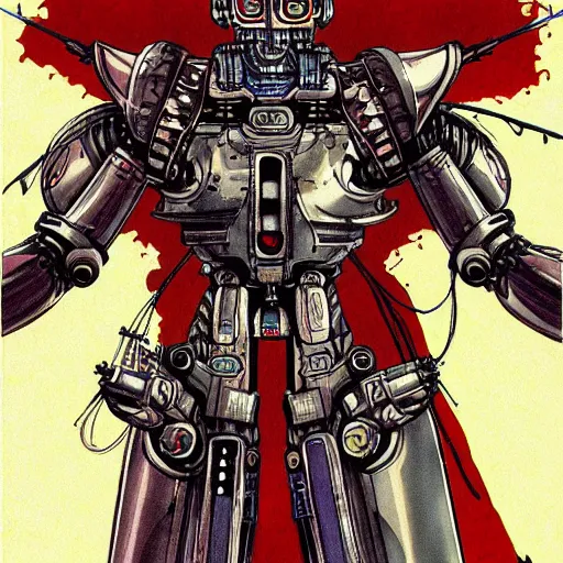 Prompt: detailed color manga illustration of a renaissance Saint as an evil killer robot, cyberpunk, dark, akira