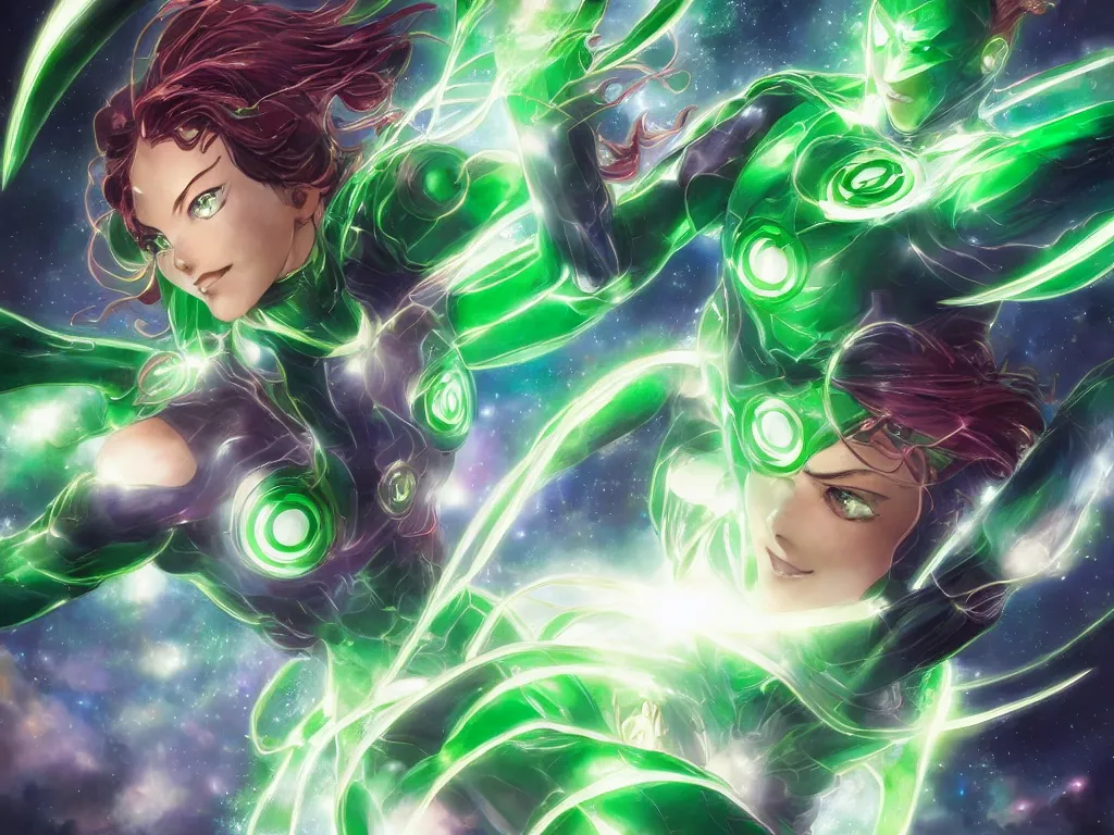 Image similar to anime key visual of one beautiful female green lantern, dc comics, power, hope, glowing, intricate, in space, stunning, highly detailed, digital painting, artstation, smooth, hard focus, illustration, art by artgerm and greg rutkowski and alphonse mucha