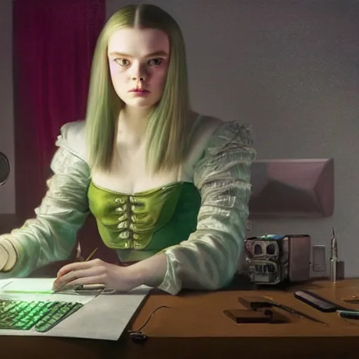 Image similar to a striking hyper real painting of Cyberpunk Elle Fanning hacking a computer, green lighting, by da Vinci