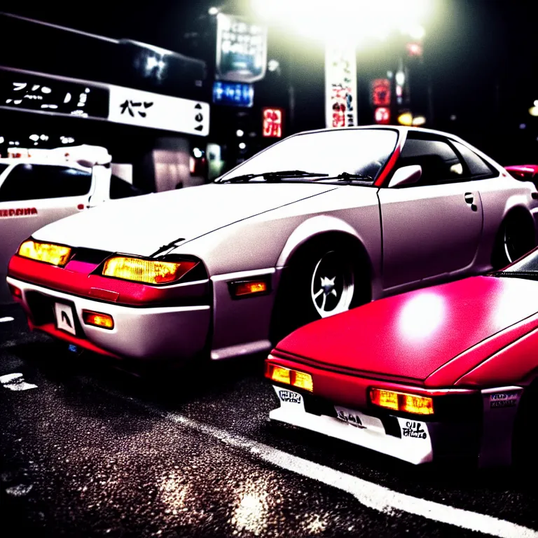 Image similar to medium-close-up Toyota Celica turbo illegal street meet, detailed-wheels, Shibuya Shibuya, cinematic colors, photorealistic, highly detailed, night photography